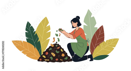 Woman Composting Organic Waste And Maintaining Sustainable Garden Practices On White Background