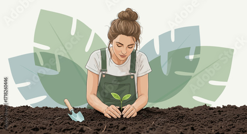 Woman Planting Seedling, Nuture, Earth, Nature, Growth, Sustainability Concept Illustration