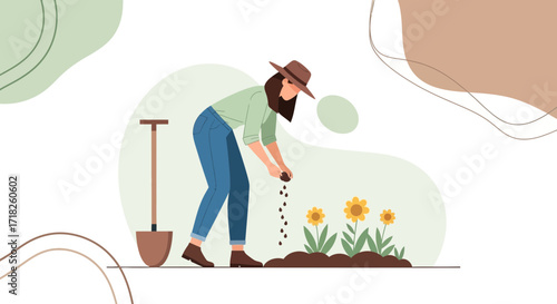 Woman Planting Seeds In The Garden, Bringing New Blooms To Life With Care