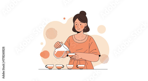Woman Pouring Refreshing Beverage into Cups, Depicting Preparation with Serene Aesthetics and Joy
