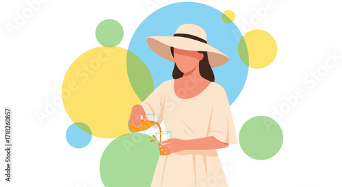 Woman Pouring Refreshing Drink While Wearing A Wide-Brimmed Hat In Sunshine