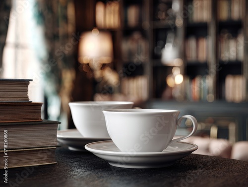 Two white teacups and a stack of old books on a table in a cozy library setting.