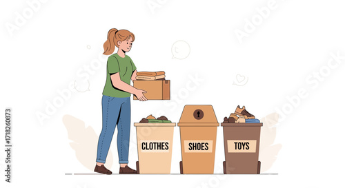Woman Discarding Clothes, Shoes, And Toys Into Recycling Bins To Reduce Waste Efficiently