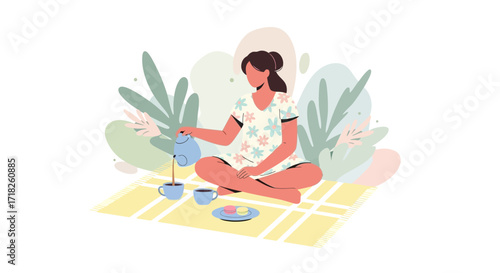Woman Pouring Tea During Picnic: Relaxing Moment of Leisure and Tranquility