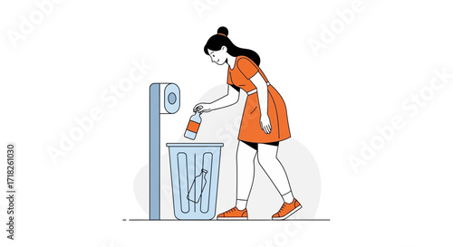 Woman Disposing Of Bottle in a Trash Receptacle Demonstrating Sustainable Practices for Better