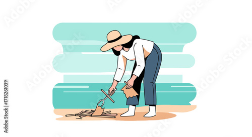 Woman Preparing Bonfire On Beach: Sun Hat, Coastal Scene, Day Out, Recreational Activity