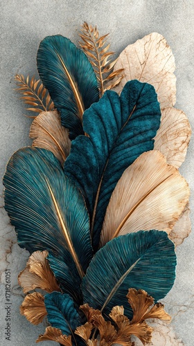 A vibrant arrangement of teal, gold, and beige leaves creates a luxurious and artistic display against a textured backdrop.