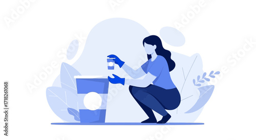Woman Preparing Coffee: Minimalistic Illustration of a Morning Ritual in Serene Tone