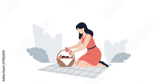 Woman Preparing Picnic Basket With Fresh Apples on A Sunny Day Outdoors