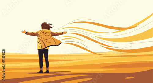 Woman Embracing Freedom and Serenity in a Beautiful Desert Environment Illustration