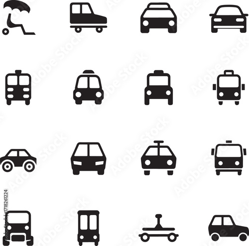 Various Black Transportation Icons On White Background traced illustration