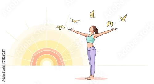 Woman Embracing Freedom As Birds Rise Towards Sunrise In The Morning Sky