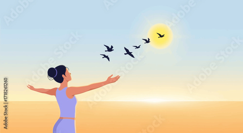 Woman Embracing Freedom; Joyful Moment as Flock of Birds Flies into the Sunny Sky