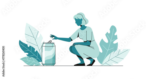 Woman Reaching Aluminum Can, Illustration Promoting Recycling and Environmental Sustainability