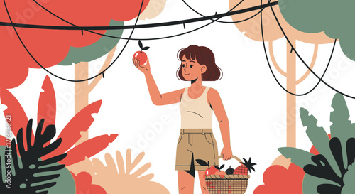 Woman Reaching For The Forbidden Fruit In An Exotic, Lush, Dreamy Forest Scene