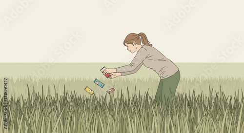 Woman Reaching For Dropped Items Amidst Tall Grass In A Simple Illustration
