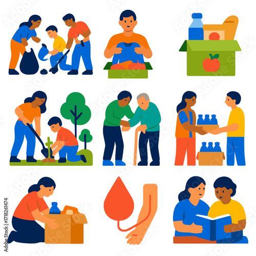 Volunteerism Flat Icons. Flat vector icons of volunteerism and social good activities: group picking up litter, person donating