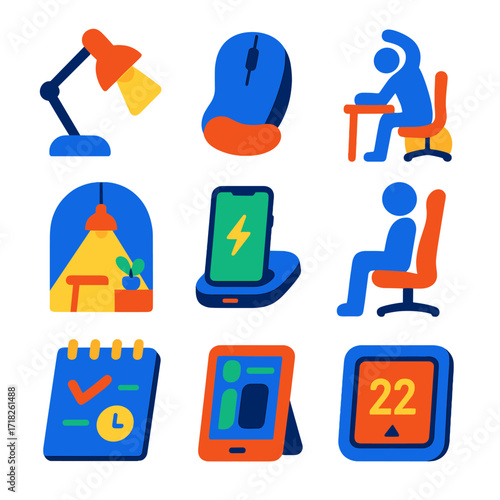 Ergonomic Office Icons. Flat vector icons of home office ergonomics and setup: lamp with adjustable neck, mouse with wrist support