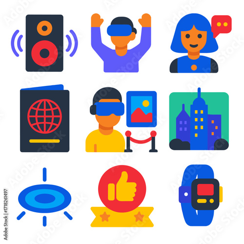 Modern VR Icon Set. Flat vector icons of virtual reality and metaverse items: immersive VR concert speaker, digital identity