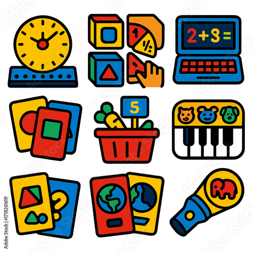 Educational Kids Icons. Flat vector icons of kids learning and educational games: build-a-clock activity, visual learning cubes,
