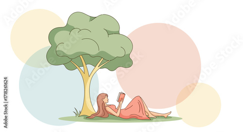 Woman Reading a Book Under a Tree with Tranquil Background, Relaxing Scene