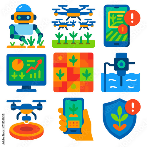 Smart Agriculture Icons. Flat vector icons of smart agriculture and drone farming: smart robot planting rice, drone swarm for