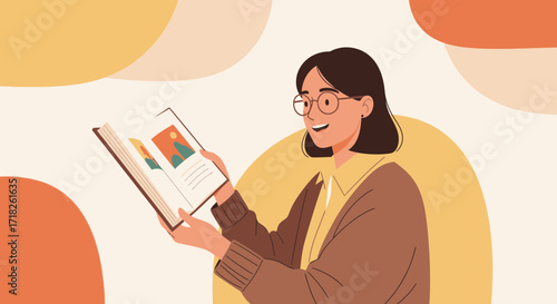 Woman Reading A Fascinating Book With Illustration Against A Colorful Background