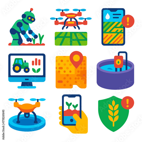 Smart Agriculture Icons. Flat vector icons of smart agriculture and drone farming: smart robot planting rice, drone swarm for