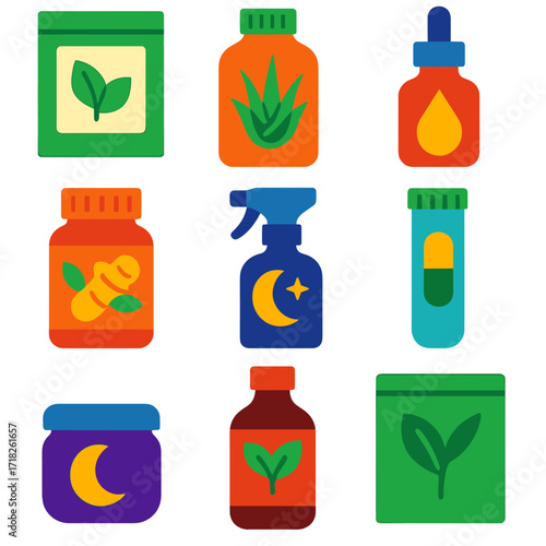 Flat Health Icons. Flat vector icons of health supplements and natural remedies: herbal detox patch pack, aloe juice drink bottle,