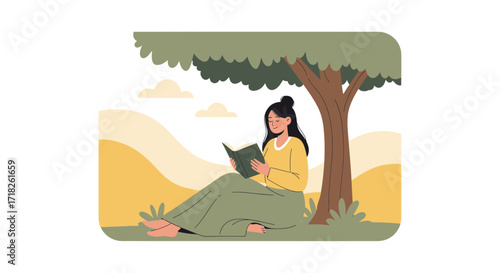 Woman Reading Beneath Shaded Tree, Enjoying Solitude and Peaceful Moment Outdoors Tranquilly