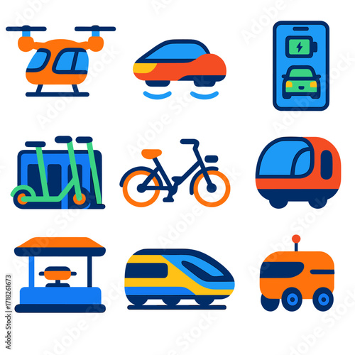 Futuristic Mobility Icons. Flat vector icons of future mobility: compact drone taxi, AI-guided hover vehicle, EV mobile app