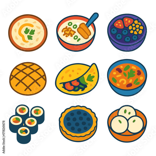 Global Cuisine Icons. Flat vector icons of international cuisine and world foods: Lebanese moutabal dip, Chinese congee with