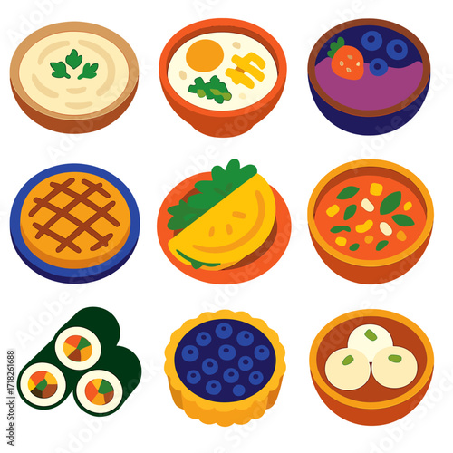 Global Cuisine Icons. Flat vector icons of international cuisine and world foods: Lebanese moutabal dip, Chinese congee with