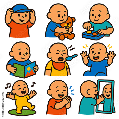 Colorful Baby Milestones. Flat vector icons of parenting and baby milestones: baby placing hat on own head, baby hugging stuffed