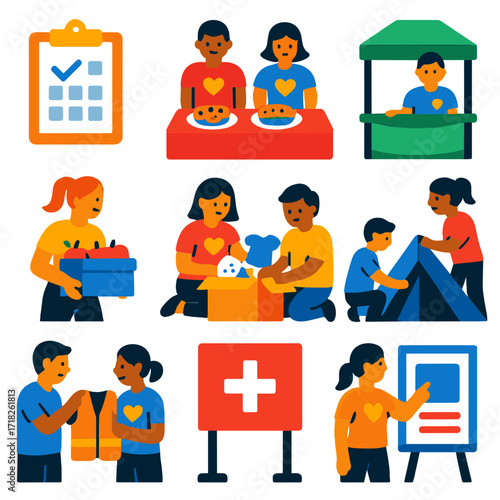 Volunteer Icon Set. Flat vector icons of volunteerism and social good: volunteer calendar on clipboard, community bake sale,
