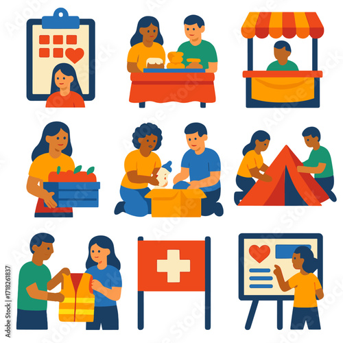Volunteer Icon Set. Flat vector icons of volunteerism and social good: volunteer calendar on clipboard, community bake sale,