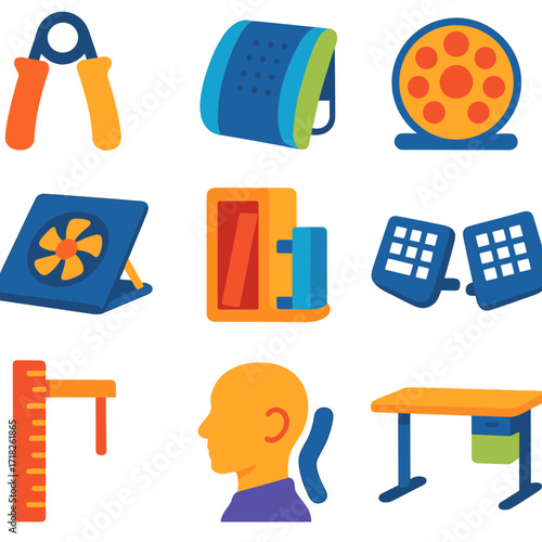 Modern Ergonomic Icons. Flat vector icons of home office ergonomics and setup: hand grip strengthener, foldable back support