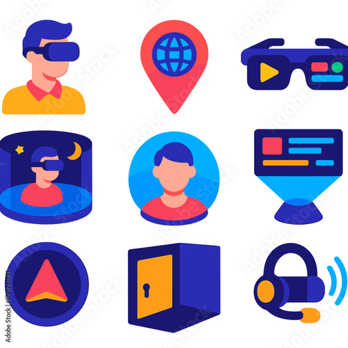 Virtual Reality Icons. Flat vector icons of virtual reality and metaverse items: virtual coach avatar, metaverse location pin, AR