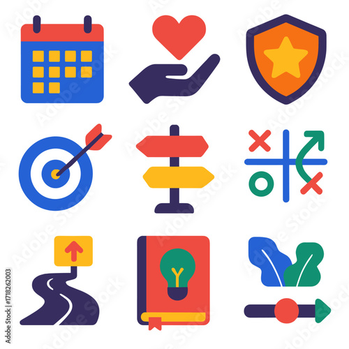 Personal Development Icons. Flat vector icons of personal development and growth skills: weekly review calendar, values priority