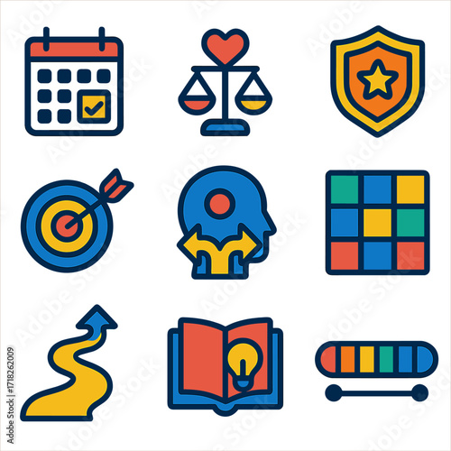 Personal Development Icons. Flat vector icons of personal development and growth skills: weekly review calendar, values priority