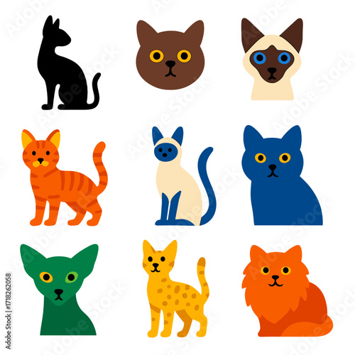 Flat Cat Breed Icons. Flat vector icons of cat breeds: Cornish Rex slim back, Burmese round muzzle, Colorpoint Shorthair pattern.