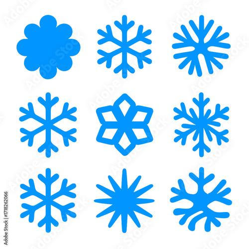 Vibrant Snowflake Icons. Flat vector icons of blue snowflakes: soft icy bloom, jagged flake outline, elegant ice starburst.