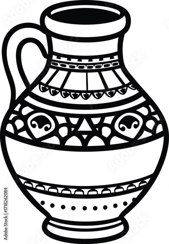 Traditional decorated clay pot illustration, cultural earthenware jar design

