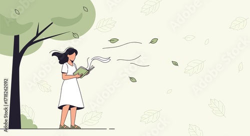 Woman Reading Under Tree With Blowing Leaves, Peaceful Moment During Fall Season