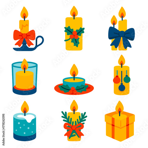 Festive Candle Icons. Flat vector icons of Christmas candles: vintage candle with red bow, pillar candle wrapped in garland, two