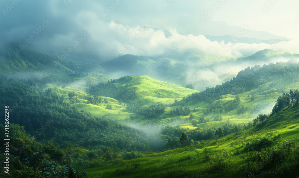 Fototapeta premium Lush green hills and misty valleys under soft sunlight in serene landscape, minimal style photo