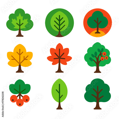 Vibrant Tree Icons. Flat vector icons of deciduous trees: eco-themed maple with leaf icon, elm with nature ring, single persimmon