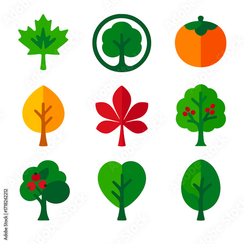 Vibrant Tree Icons. Flat vector icons of deciduous trees: eco-themed maple with leaf icon, elm with nature ring, single persimmon