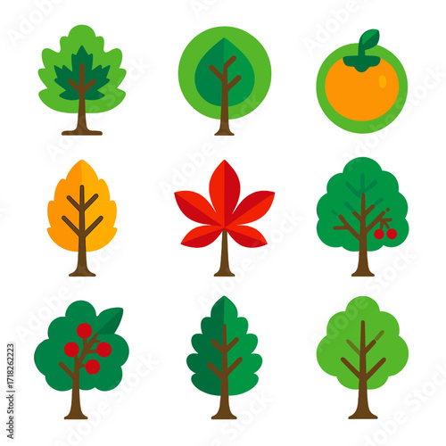 Vibrant Tree Icons. Flat vector icons of deciduous trees: eco-themed maple with leaf icon, elm with nature ring, single persimmon