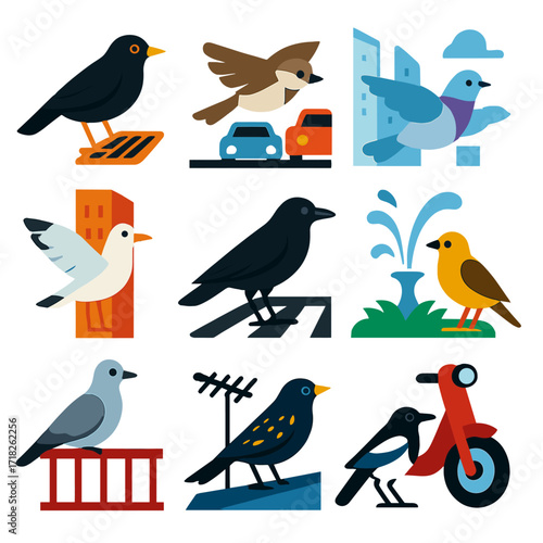 Urban Bird Icons. Flat vector icons of city birds: blackbird standing near drain grate, sparrow flying above traffic, pigeon